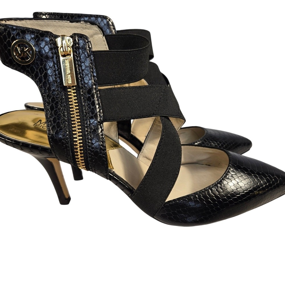 Michael Kors Black Snakeskin Embossed Elastic Strap Pointed Toe Pumps‎ Size 9.5M